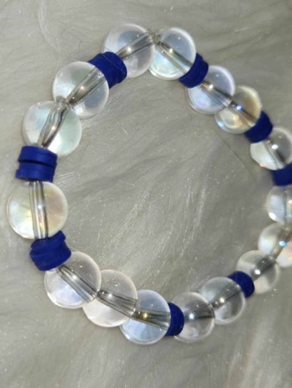 Hand Crafted Clear & Blue Disc Bead Stretch Bracelet